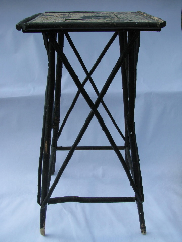 Rustic old twig plant stand, vintage primitive wood stick furniture