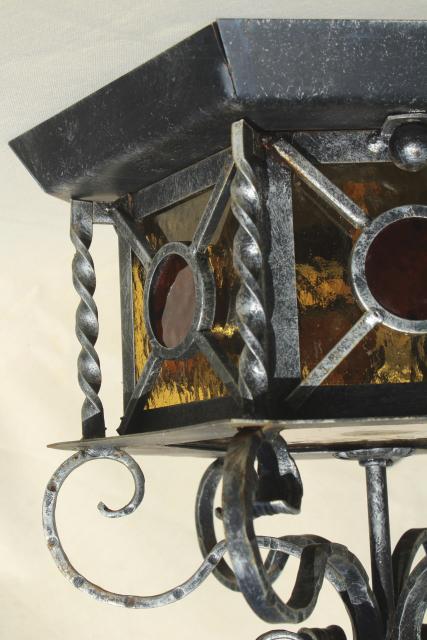 rustic vintage Spanish iron stained glass ceiling light fixture, old Mexico style
