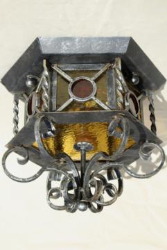 rustic vintage Spanish iron stained glass ceiling light fixture, old Mexico style
