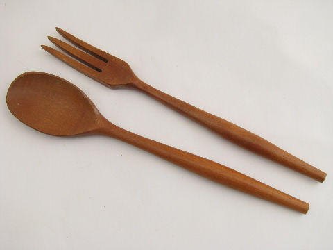 Salad servers fork & spoon utensil lot, mod vintage wood, very retro!