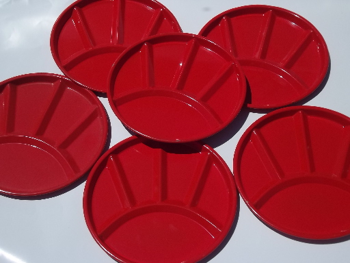 Scandinavian modern style red enamelware fondue plates, 60s vintage