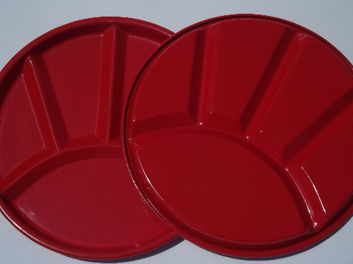 Scandinavian modern style red enamelware fondue plates, 60s vintage