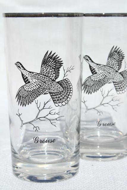set 8 vintage drinking glasses, game birds pattern tumblers w/ platinum silver band trim