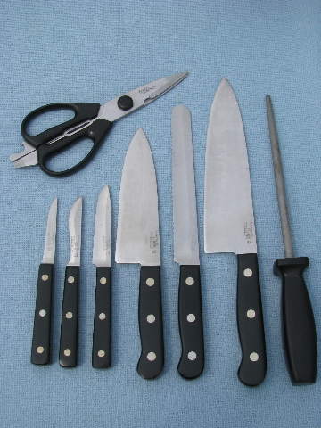 Set Chicago Cutlery kitchen knives w/wood block&full length tangs