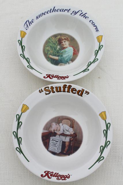 set of 1990s Kellogg's cereal bowls w/ vintage advertising slogans, ad art