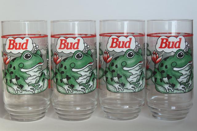 set of 8 vintage Budweiser beer glasses, Bud Weis Er green frogs 1990s
