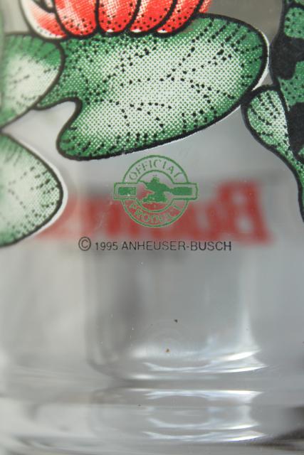 set of 8 vintage Budweiser beer glasses, Bud Weis Er green frogs 1990s