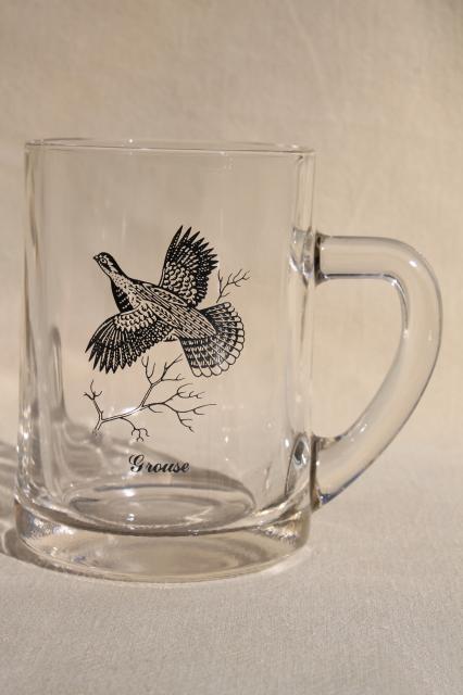 set of 8 vintage glass mugs / beer steins with wild game birds - man cave drinking glasses