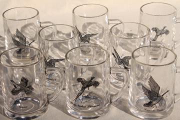 set of 8 vintage glass mugs / beer steins with wild game birds - man cave drinking glasses