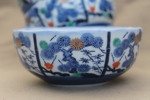 Set of old porcelain noodle cups or rice bowls, tree & bamboo china in blue, red & green