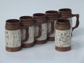 Set of six retro handcrafted ceramic beer steins, vintage 1969