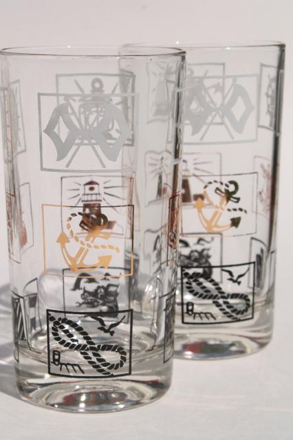 set of vintage drinking glasses, nautical ship sailing theme tumblers