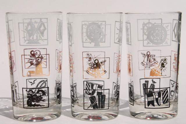 set of vintage drinking glasses, nautical ship sailing theme tumblers