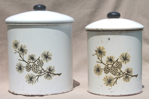 Shabby old rustic pinecones pattern tins, vintage tin kitchen canisters w/ worn paint