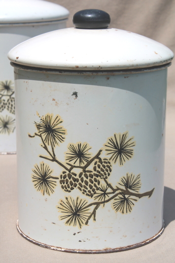 Shabby old rustic pinecones pattern tins, vintage tin kitchen canisters w/ worn paint