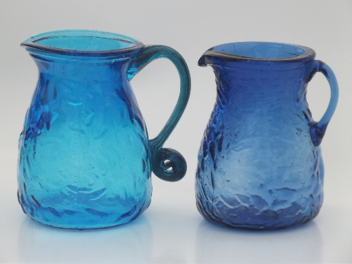 Shades of blue crinkled glass pitcher vases, vintage Seneca? Mongantown?