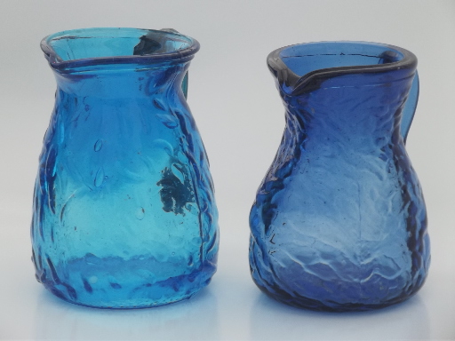Shades of blue crinkled glass pitcher vases, vintage Seneca? Mongantown?