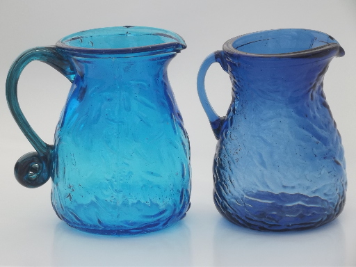 Shades of blue crinkled glass pitcher vases, vintage Seneca? Mongantown?