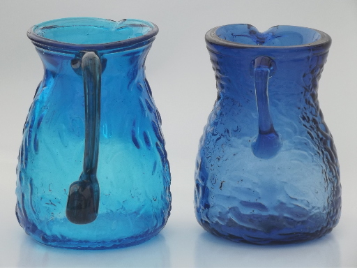 Shades of blue crinkled glass pitcher vases, vintage Seneca? Mongantown?