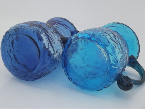 Shades of blue crinkled glass pitcher vases, vintage Seneca? Mongantown?