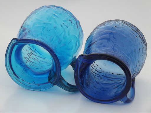Shades of blue crinkled glass pitcher vases, vintage Seneca? Mongantown?