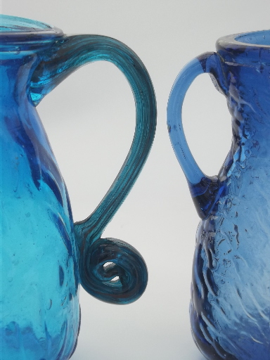 Shades of blue crinkled glass pitcher vases, vintage Seneca? Mongantown?