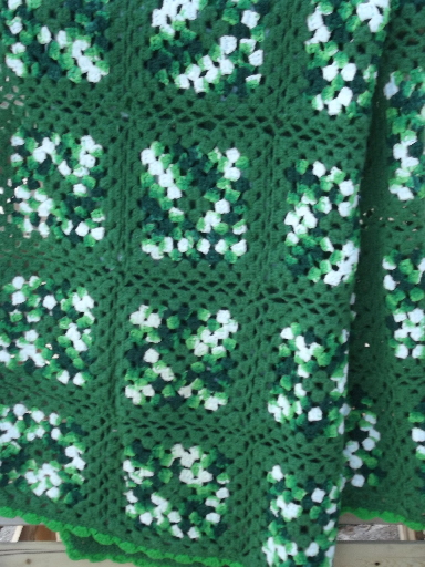 Shades of green vintage crochet granny squares afghan blanket, 70s retro