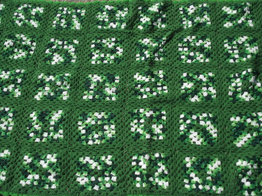 Shades of green vintage crochet granny squares afghan blanket, 70s retro
