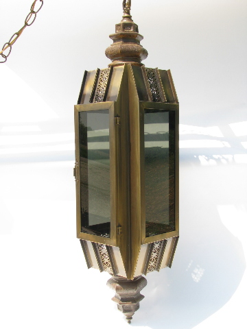 Ship's lantern style swag lamp, 70's vintage brass / smoke glass