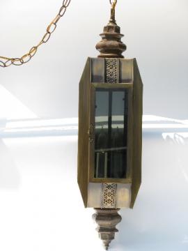 Ship's lantern style swag lamp, 70's vintage brass / smoke glass