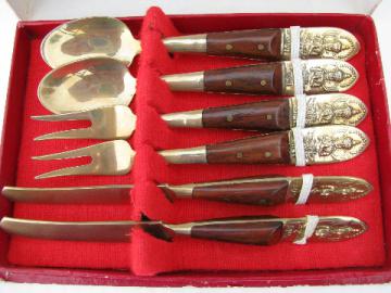 Siam vintage brass / teak wood flatware, small spoons, forks, knives