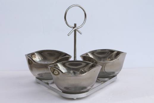 Silver fade glass relish dishes, mid-century mod vintage cocktail snacks serving set