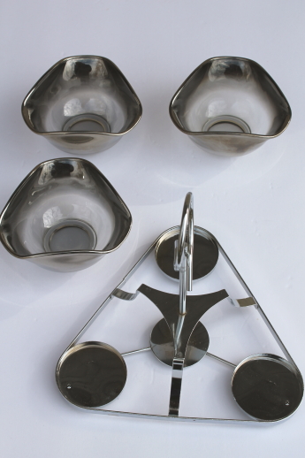 Silver fade glass relish dishes, mid-century mod vintage cocktail snacks serving set