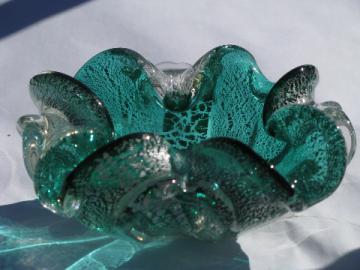 Silver flake spangles ocean green art glass bowl or heavy ashtray, mid-century vintage
