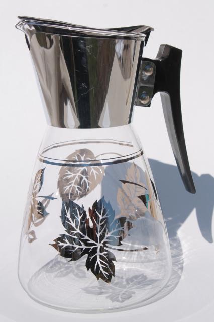 silver foliage vintage Colony glass coffee carafe, heat proof glass pitcher