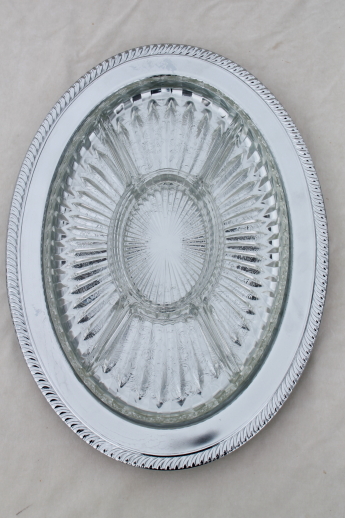 Silvery chrome plate buffet tray, vintage serving tray w/ oval glass relish platter