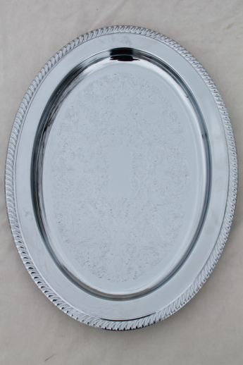 Silvery chrome plate buffet tray, vintage serving tray w/ oval glass relish platter