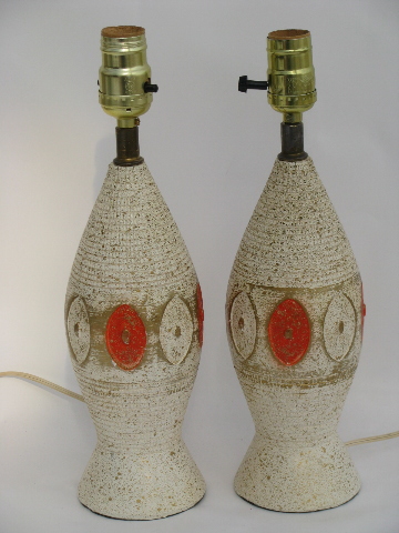 Small pair 60s 70s mod ceramic table lamps, retro gold on orange and white