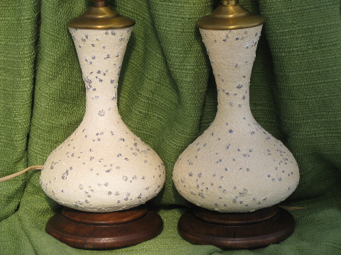 Small pair 60s 70s mod ceramic table lamps, textured white w/ blue