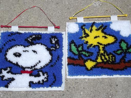 Snoopy and Woodstock, retro 70s vintage Peanuts latch hook wall hangings