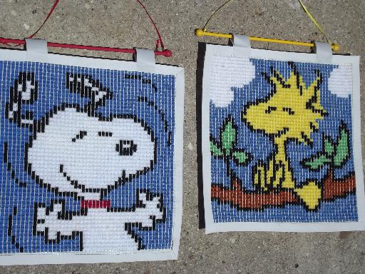 Snoopy and Woodstock, retro 70s vintage Peanuts latch hook wall hangings