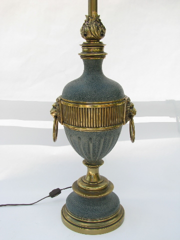 Solid brass table lamp, vintage Stiffel, flame & lion's heads