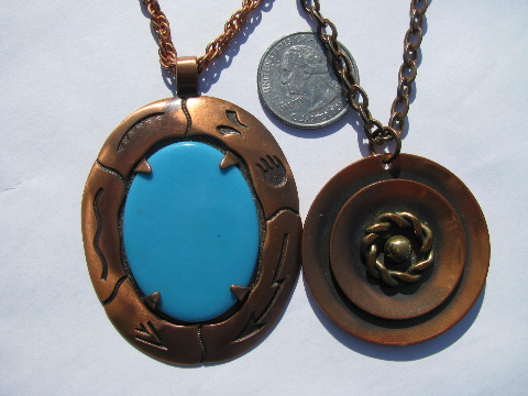 Southwest indian style 70s vintage copper pendants, chain necklace lot