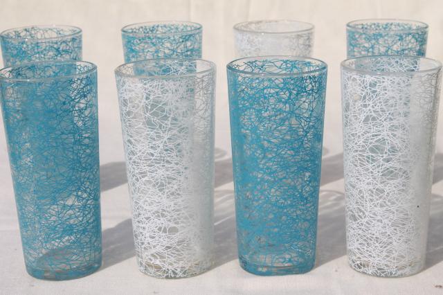 spaghetti squiggle drizzle glass coolers, tall tumbler drinking glasses, mid-mod vintage