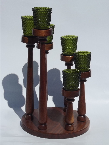 Spiral of candles vintage walnut wood candle holder w/ green glass votives