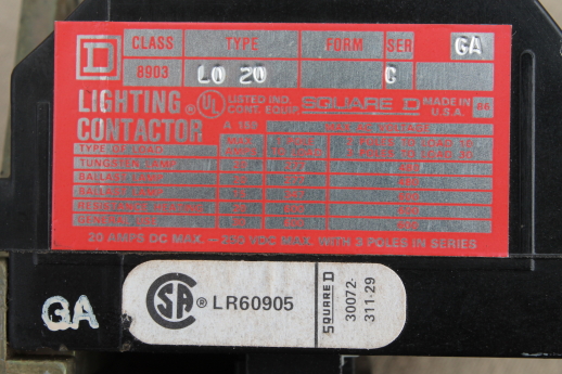 Square D Lighting contactor 8903 L020, 2 pole new old stock contactor