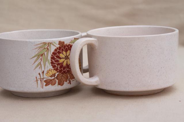 stackable stoneware pottery soup mug bowls w/ cup handles, Japan chrysanthemum & bamboo pattern