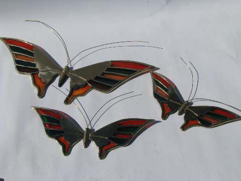 ''Stained glass'' butterflies, retro Enesco wall art plaques, colored lucite & brass