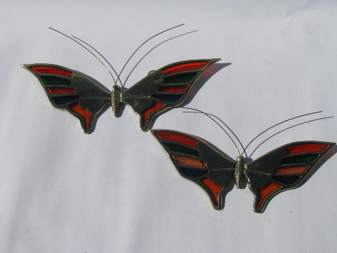 ''Stained glass'' butterflies, retro Enesco wall art plaques, colored lucite & brass