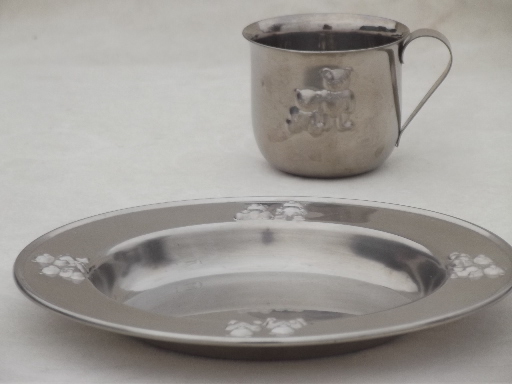 Stainless steel baby cup & plate w/ teddy bears, vintage Selandia - Japan